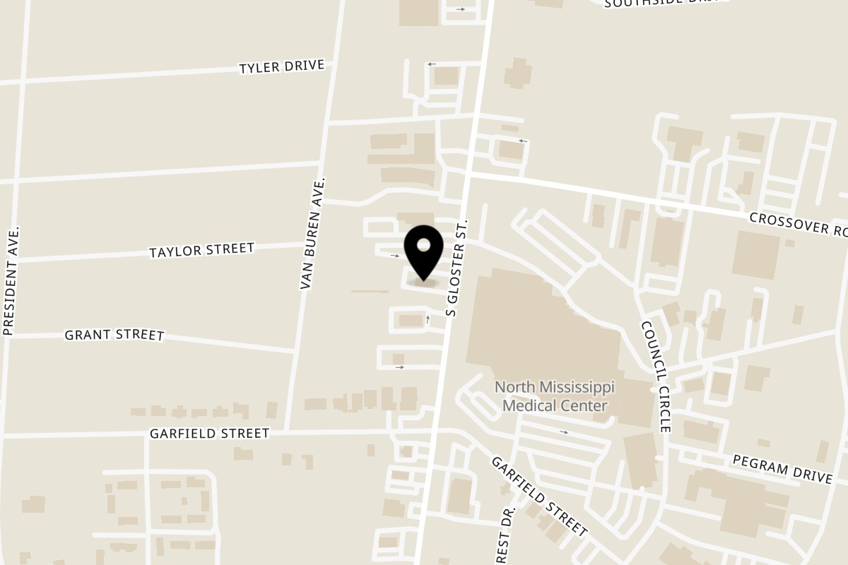 Map showing the location of Connie's Chicken Tupelo on 821 S Gloster St in Tupelo